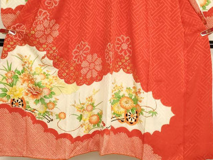平和屋着物[]七五三　女の子　７歳　祝着　四つ身　駒刺繍　絞り　花車文　金彩　正絹　逸品　AABH2796ja