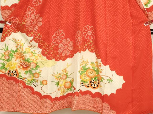 平和屋着物[]七五三　女の子　７歳　祝着　四つ身　駒刺繍　絞り　花車文　金彩　正絹　逸品　AABH2796ja