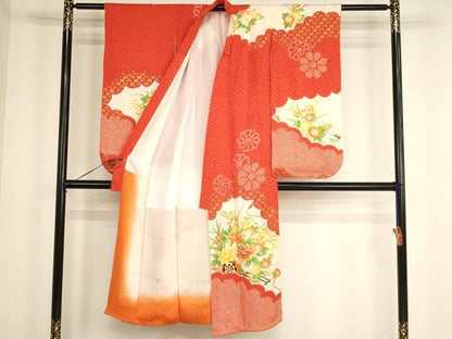 平和屋着物[]七五三　女の子　７歳　祝着　四つ身　駒刺繍　絞り　花車文　金彩　正絹　逸品　AABH2796ja