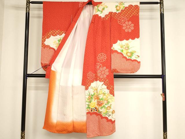 平和屋着物[]七五三　女の子　７歳　祝着　四つ身　駒刺繍　絞り　花車文　金彩　正絹　逸品　AABH2796ja