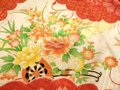 平和屋着物[]七五三　女の子　７歳　祝着　四つ身　駒刺繍　絞り　花車文　金彩　正絹　逸品　AABH2796ja