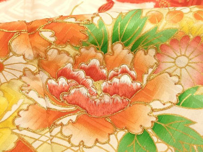 平和屋着物[]七五三　女の子　７歳　祝着　四つ身　駒刺繍　絞り　花車文　金彩　正絹　逸品　AABH2796ja