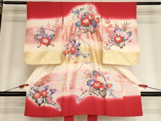 平和屋着物[]七五三　女の子　３歳　祝着　一つ身　花車文　暈し染め　金銀彩　正絹　逸品　AABH2797ja
