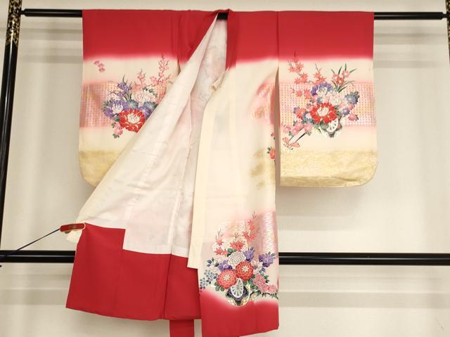 平和屋着物[]七五三　女の子　３歳　祝着　一つ身　花車文　暈し染め　金銀彩　正絹　逸品　AABH2797ja