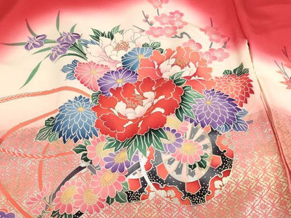 平和屋着物[]七五三　女の子　３歳　祝着　一つ身　花車文　暈し染め　金銀彩　正絹　逸品　AABH2797ja