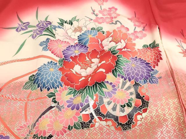 平和屋着物[]七五三　女の子　３歳　祝着　一つ身　花車文　暈し染め　金銀彩　正絹　逸品　AABH2797ja