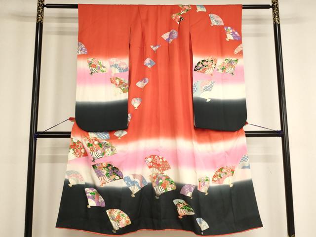 平和屋着物[]七五三 女の子 7歳 祝着 四つ身 御所車花文 暈し染め