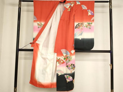 平和屋着物[]七五三　女の子　７歳　祝着　四つ身　駒刺繍　扇面御所車花文　暈し染め　金彩　正絹　逸品　AABH2799ja