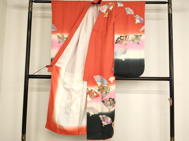 平和屋着物[]七五三　女の子　７歳　祝着　四つ身　駒刺繍　扇面御所車花文　暈し染め　金彩　正絹　逸品　AABH2799ja