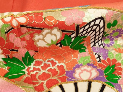 平和屋着物[]七五三　女の子　７歳　祝着　四つ身　駒刺繍　扇面御所車花文　暈し染め　金彩　正絹　逸品　AABH2799ja