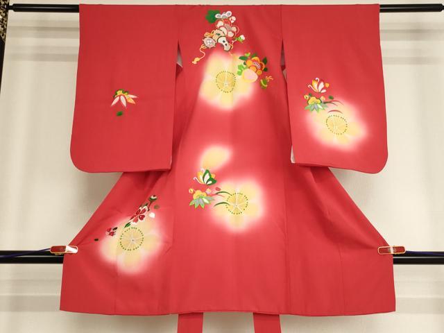 平和屋着物[]七五三　女の子　３歳　祝着　一つ身　駒刺繍　花鼓文　暈し染め　正絹　逸品　AABH2800ja