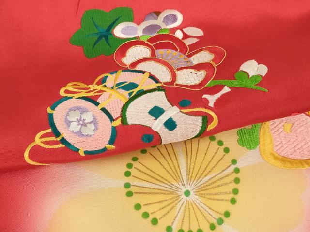 平和屋着物[]七五三　女の子　３歳　祝着　一つ身　駒刺繍　花鼓文　暈し染め　正絹　逸品　AABH2800ja