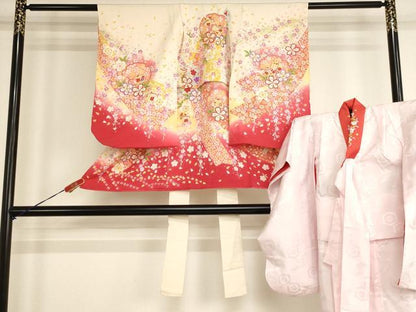 平和屋着物[]七五三　女の子　３歳　祝着　三つ身　長襦袢セット　刺繍　雪輪桜手毬文　金糸　逸品　AABH2809ja