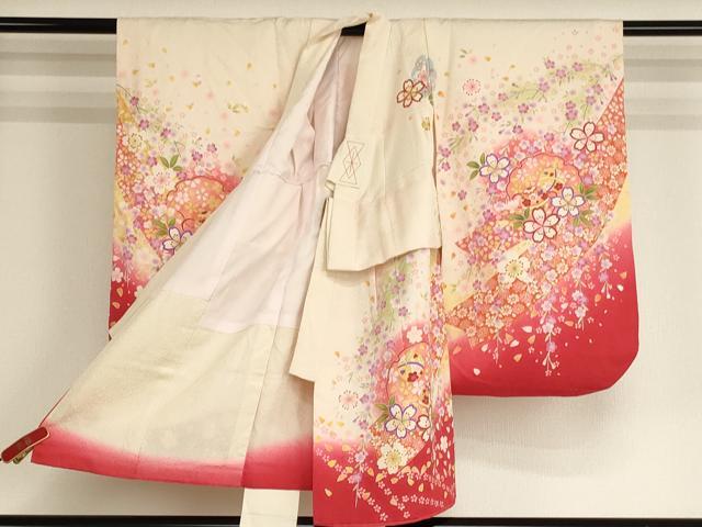 平和屋着物[]七五三　女の子　３歳　祝着　三つ身　長襦袢セット　刺繍　雪輪桜手毬文　金糸　逸品　AABH2809ja