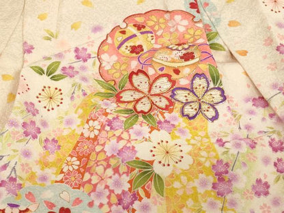 平和屋着物[]七五三　女の子　３歳　祝着　三つ身　長襦袢セット　刺繍　雪輪桜手毬文　金糸　逸品　AABH2809ja
