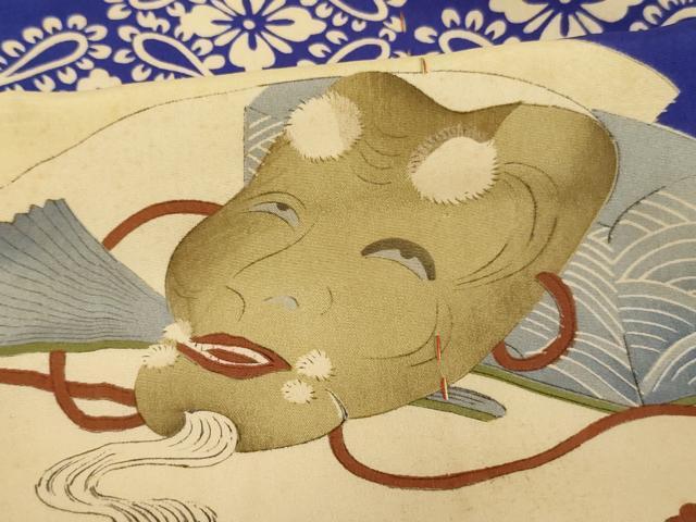 平和屋着物[]アンティーク　大正ロマン　七五三　男の子　3歳　祝着　一つ身　地紙文　能面　汐汲　正絹　逸品　未使用　AABH2810ja
