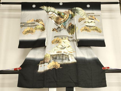 平和屋着物[]お宮参り　男の子　祝着　産着　初着　のしめ　鷹　風景松文　暈し染め　金銀彩　逸品　AABH2813ja