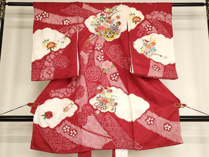平和屋着物[]お宮参り　女の子　祝着　産着　初着　のしめ　絞り　刺繍　花車文　金糸　逸品　AABH2815ja