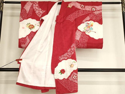 平和屋着物[]お宮参り　女の子　祝着　産着　初着　のしめ　絞り　刺繍　花車文　金糸　逸品　AABH2815ja