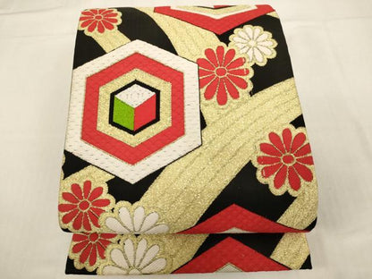 平和屋着物[]子供　全通柄袋帯　亀甲花文　黒地　金糸文　正絹　逸品　AABH2817ja