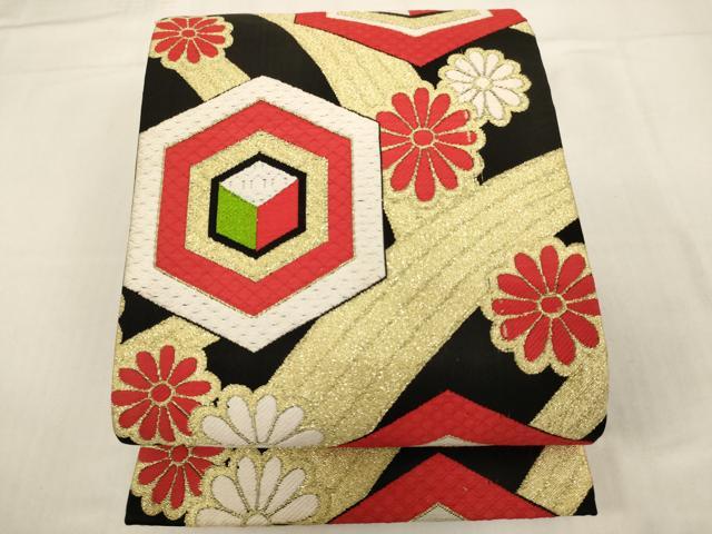 平和屋着物[]子供 全通柄袋帯 亀甲花文 黒地 金糸文 正絹 逸品 AABH2817ja