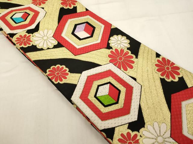 平和屋着物[]子供 全通柄袋帯 亀甲花文 黒地 金糸文 正絹 逸品 AABH2817ja