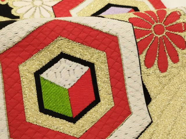 平和屋着物[]子供 全通柄袋帯 亀甲花文 黒地 金糸文 正絹 逸品 AABH2817ja