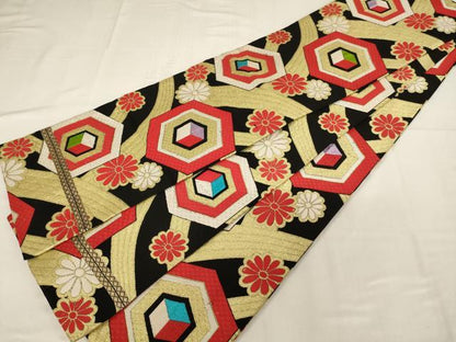 平和屋着物[]子供　全通柄袋帯　亀甲花文　黒地　金糸文　正絹　逸品　AABH2817ja