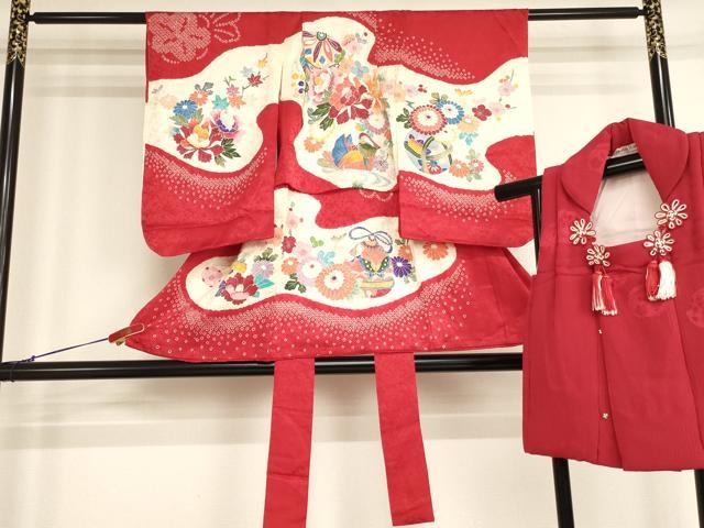 平和屋着物[]七五三　女の子　３歳　祝着　一つ身　被布セット　友禅　絞り　鴛鴦花手毬紋　正絹　逸品　AABH2851ja