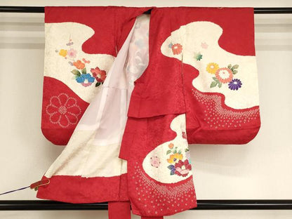 平和屋着物[]七五三　女の子　３歳　祝着　一つ身　被布セット　友禅　絞り　鴛鴦花手毬紋　正絹　逸品　AABH2851ja