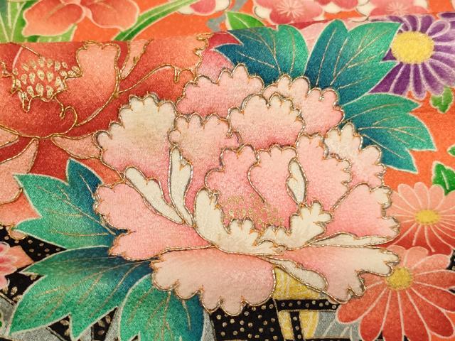 平和屋着物∵女の子　十三参り　子供　祝着　駒刺繍　花車文　金彩　正絹　逸品　AABH2852ja
