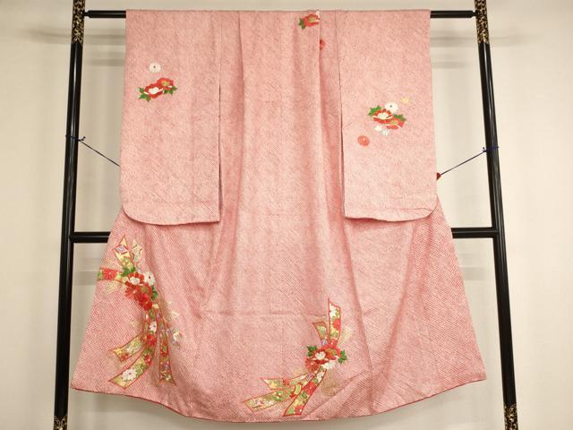 平和屋着物[]七五三　女の子　７歳　祝着　四つ身　総絞り　駒刺繍　束ね熨斗花文　オンワード樫山　金糸　金彩　正絹　逸品　AABH2853ja
