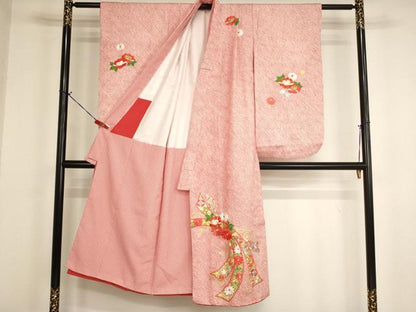 平和屋着物[]七五三　女の子　７歳　祝着　四つ身　総絞り　駒刺繍　束ね熨斗花文　オンワード樫山　金糸　金彩　正絹　逸品　AABH2853ja