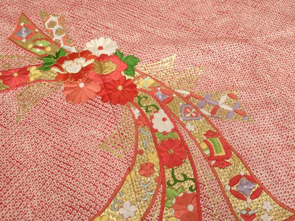 平和屋着物[]七五三　女の子　７歳　祝着　四つ身　総絞り　駒刺繍　束ね熨斗花文　オンワード樫山　金糸　金彩　正絹　逸品　AABH2853ja