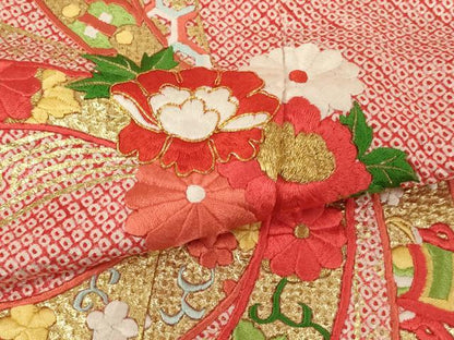平和屋着物[]七五三　女の子　７歳　祝着　四つ身　総絞り　駒刺繍　束ね熨斗花文　オンワード樫山　金糸　金彩　正絹　逸品　AABH2853ja