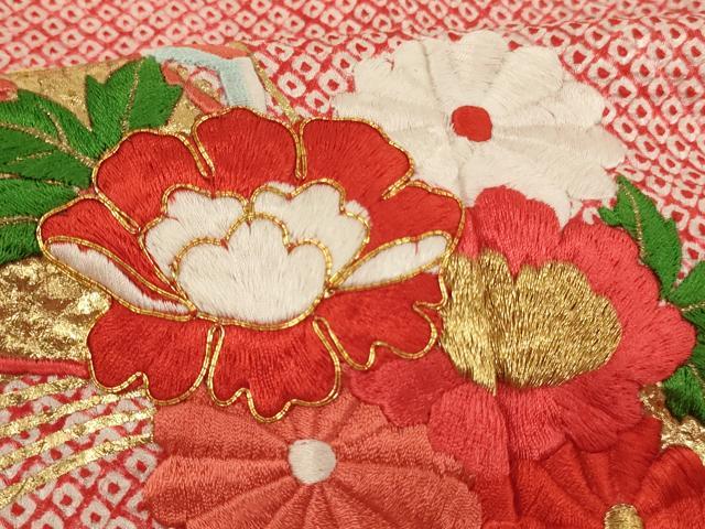 平和屋着物[]七五三　女の子　７歳　祝着　四つ身　総絞り　駒刺繍　束ね熨斗花文　オンワード樫山　金糸　金彩　正絹　逸品　AABH2853ja