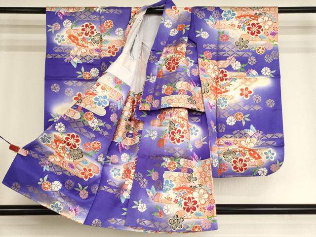 平和屋着物[]七五三　女の子　３歳　祝着　三つ身　扇面花蝶文　暈し染め　金彩　正絹　逸品　AABH2855ja