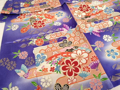 平和屋着物[]七五三　女の子　３歳　祝着　三つ身　扇面花蝶文　暈し染め　金彩　正絹　逸品　AABH2855ja