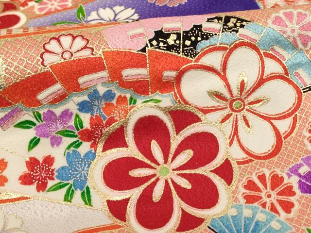 平和屋着物[]七五三　女の子　３歳　祝着　三つ身　扇面花蝶文　暈し染め　金彩　正絹　逸品　AABH2855ja