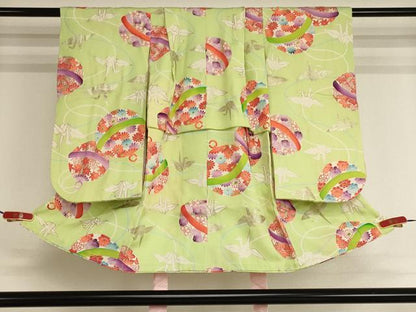 平和屋着物[]七五三　女の子　３歳　祝着　三つ身　鈴　折り鶴　銀彩　正絹　逸品　AABH2858ja