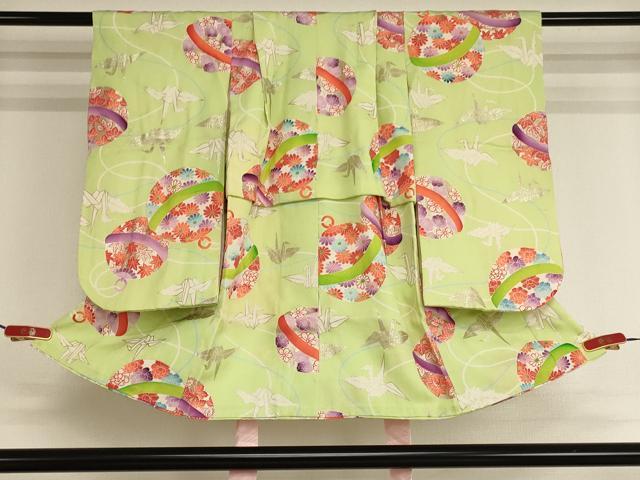 平和屋着物[]七五三　女の子　３歳　祝着　三つ身　鈴　折り鶴　銀彩　正絹　逸品　AABH2858ja