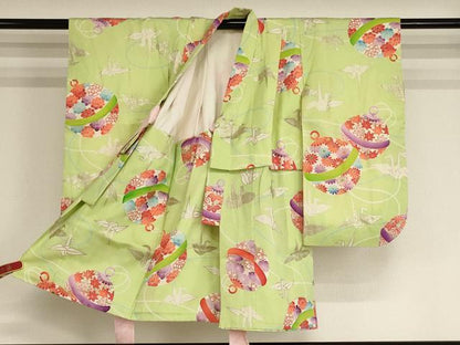 平和屋着物[]七五三　女の子　３歳　祝着　三つ身　鈴　折り鶴　銀彩　正絹　逸品　AABH2858ja