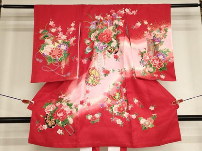 平和屋着物[]お宮参り　女の子　祝着　産着　初着　のしめ　花車舞蝶文　暈し染め　金彩　逸品　AABH2862ja