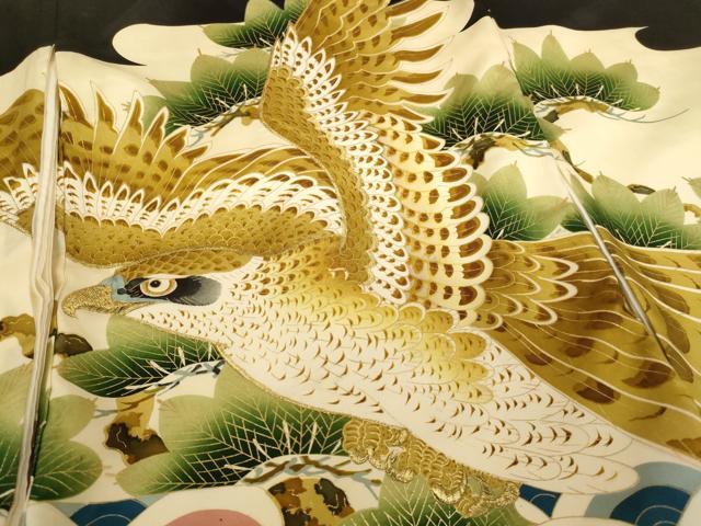 平和屋着物[]お宮参り　男の子　祝着　産着　初着　のしめ　刺繍　鷹　松　青海波　金糸　金彩　逸品　AABH2866ja