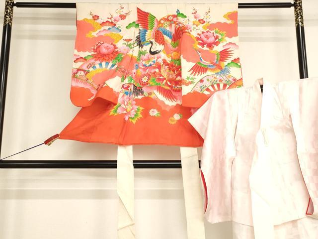 平和屋着物[]七五三　女の子　３歳　祝着　一つ身　長襦袢セット　駒刺繍　飛鶴牡丹文　金彩　逸品　AABH2867ja