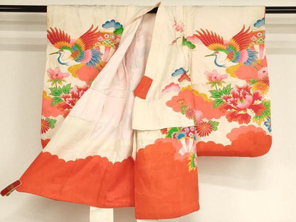 平和屋着物[]七五三　女の子　３歳　祝着　一つ身　長襦袢セット　駒刺繍　飛鶴牡丹文　金彩　逸品　AABH2867ja