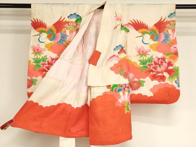 平和屋着物[]七五三　女の子　３歳　祝着　一つ身　長襦袢セット　駒刺繍　飛鶴牡丹文　金彩　逸品　AABH2867ja