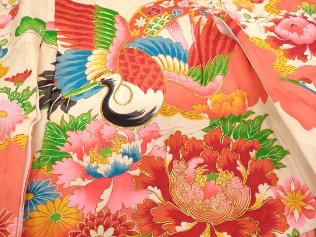 平和屋着物[]七五三　女の子　３歳　祝着　一つ身　長襦袢セット　駒刺繍　飛鶴牡丹文　金彩　逸品　AABH2867ja