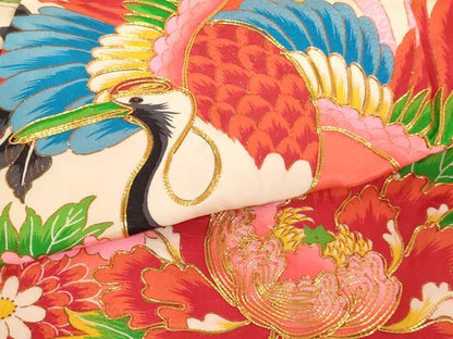平和屋着物[]七五三　女の子　３歳　祝着　一つ身　長襦袢セット　駒刺繍　飛鶴牡丹文　金彩　逸品　AABH2867ja