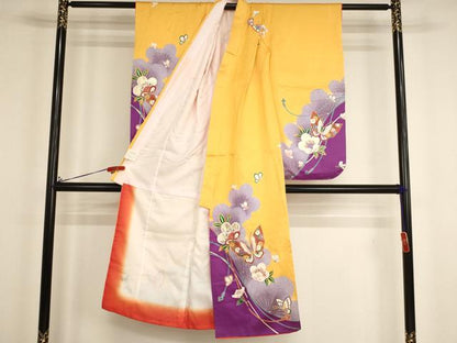 平和屋着物[]七五三　女の子　７歳　祝着　四つ身　長襦袢セット　駒刺繍　舞蝶梅文　金彩　逸品　AABH2869ja